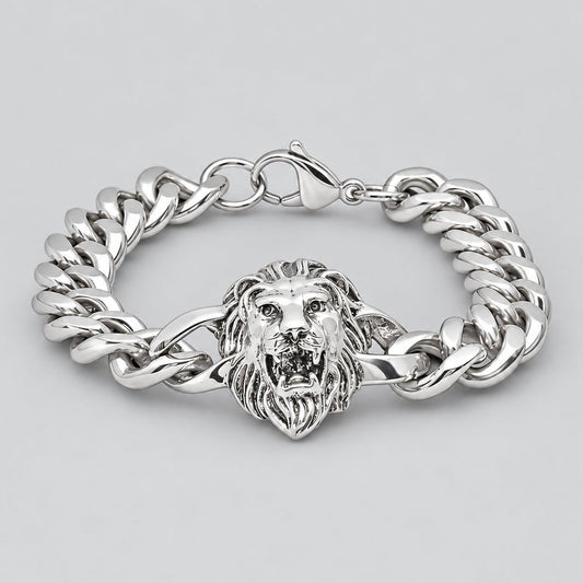 Men’s Stainless Steel Lion Head Cuban Link Bold Biker Bracelet