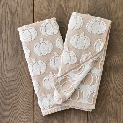 SKL Home Pumpkin Hand Towel 2pc Set for Bath/Kitchen/Bar & Gift, Tan