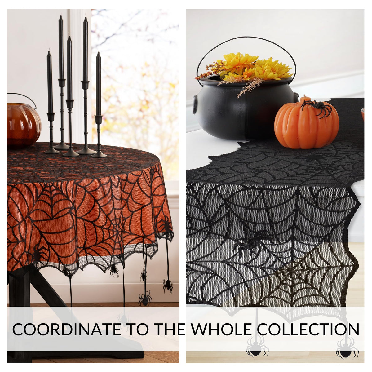 Elrene Home Fashions Crawling Halloween Spider Lace Table Runner, 13" x 70", Black