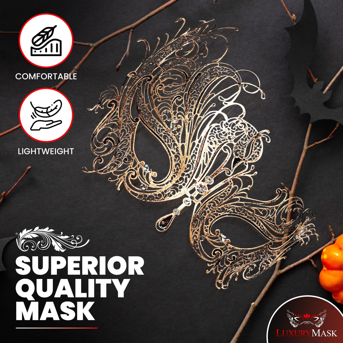 Metal Filigree Masquerade Mask for Women - Swan Style Mask with Rhinestones for Mardi Gras, Prom, Halloween & Venetian Party