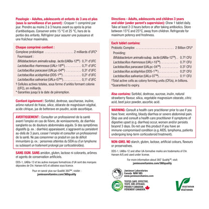 Jamieson Chewable Probiotic 2 Billion Active Cells Natural Strawberry Flavour, Family Friendly (3+), Supports Digestive Health. 5 Unique Strains, Including Lactobacillus and Bifidobacterium, Non-GMO, No Artificial Colours, Flavours, or Preservatives, 60 C