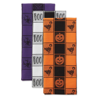 DII Happy Halloween Dishtowel Collection Embellished Cotton Kitchen Hand Towel Set, 18x28, Haunted Buffalo Check, 3 Count