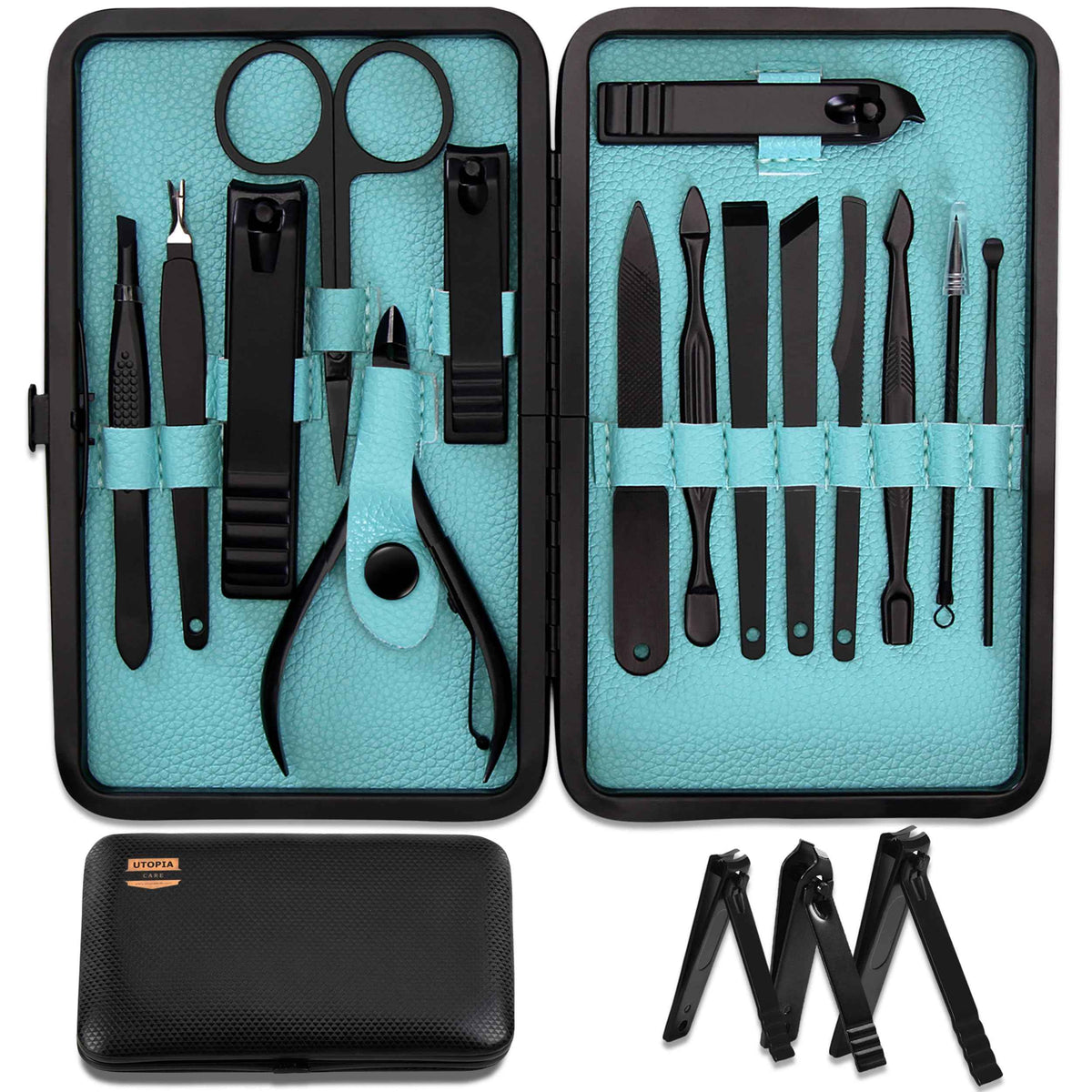 Utopia Care - 15 in 1 Stainless Steel Professional Manicure Pedicure Set Nail Clippers Kit – Portable Travel Grooming Kit - Facial, Cuticle and Nail Care for Men and Women (Black) 🍁 All In One Marketplace Canada