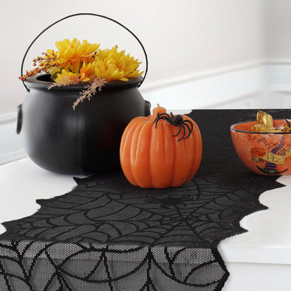 Elrene Home Fashions Crawling Halloween Spider Lace Table Runner, 13" x 70", Black