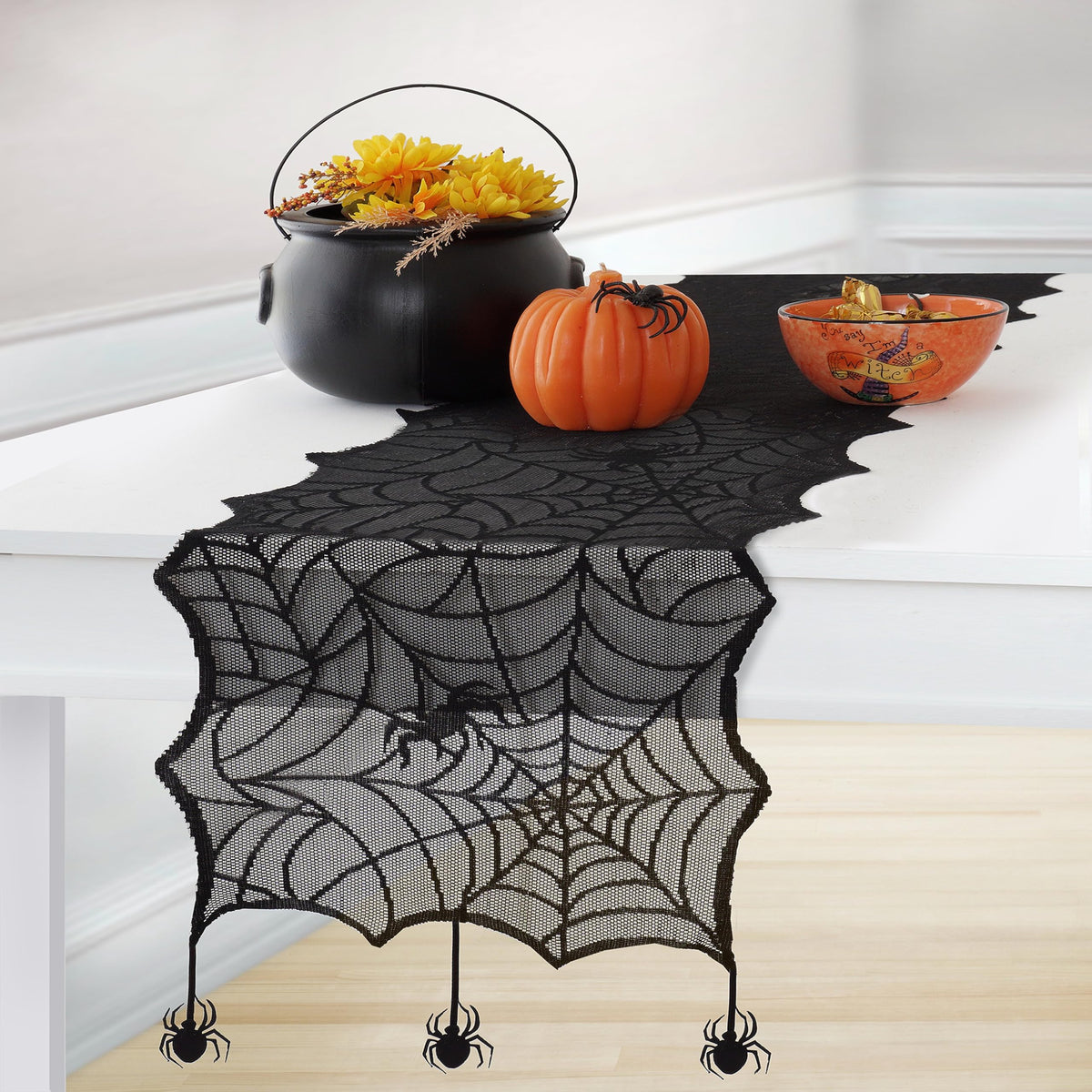 Elrene Home Fashions Crawling Halloween Spider Lace Table Runner, 13" x 70", Black