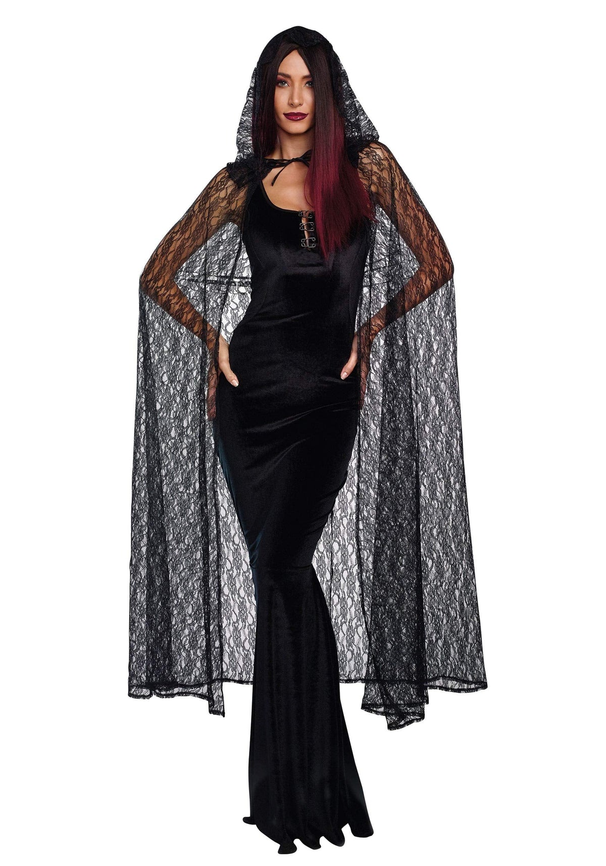 Dreamgirl Adult Lace Cape Costume, Hooded Cloak Halloween Costume Accessory for Women, Black Standard