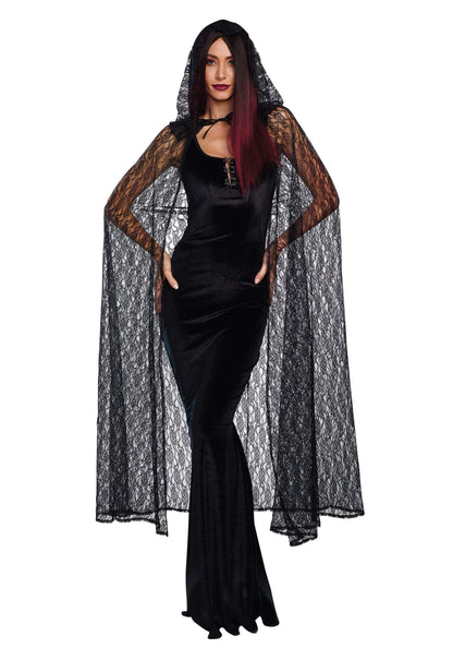 Dreamgirl Adult Lace Cape Costume, Hooded Cloak Halloween Costume Accessory for Women, Black Standard