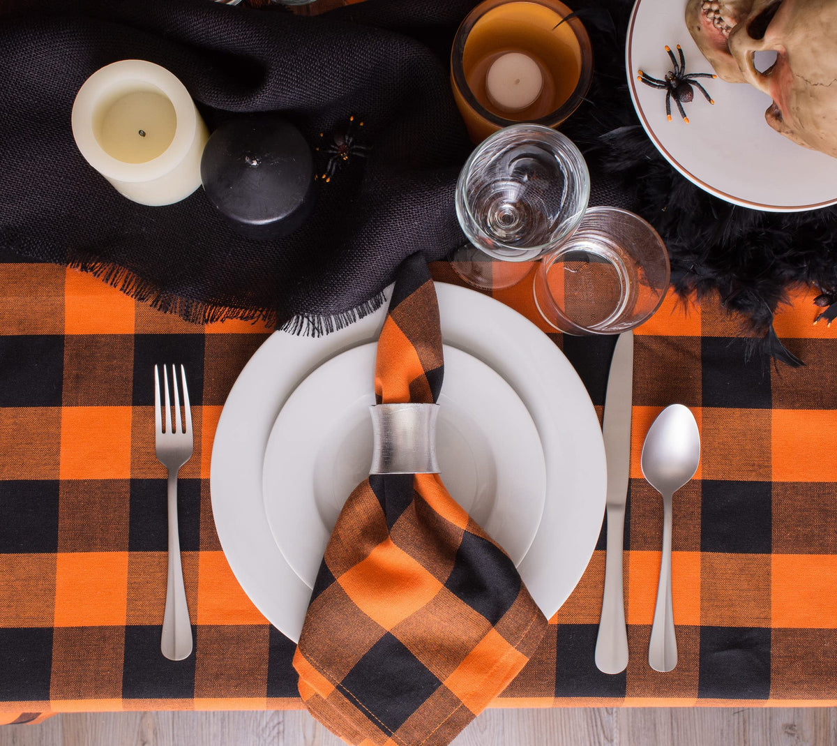 DII 100-Percent Cotton, Machine Washable, Dinner, Halloween Tablecloth 70" Round, Orange and Black Buffalo Check, Seats 4 People