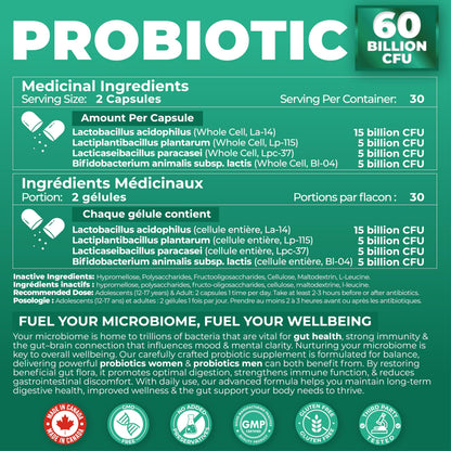 Probiotics Women & Men - 60 Billion CFU Probiotic + Prebiotics | Delayed Release Capsules Survive Stomach Acid for Max Potency | Digestive & Immune Support | Bloating & Gas Relief | Shelf Stable Lactobacillus Strains | Canadian Made, 3rd Party Tested