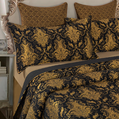 Loom and Mill Luxury Quilt Set 3 Piece, Classic Damask Quilted Bedspread Queen Size with 2 Shams, Soft Lightweight Jacquard Bedding Coverlet Set for Halloween Christmas All Season (Black, Queen)