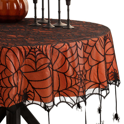 Elrene Home Fashions Crawling Halloween Spider Lace Lined Tablecloth, 70" Round, Black/Orange