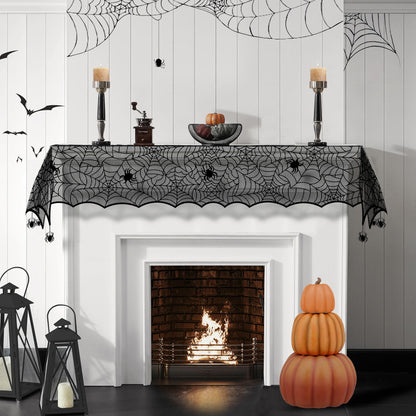 Elrene Home Fashions Crawling Halloween Spider Lace Table Runner, 13" x 70", Black