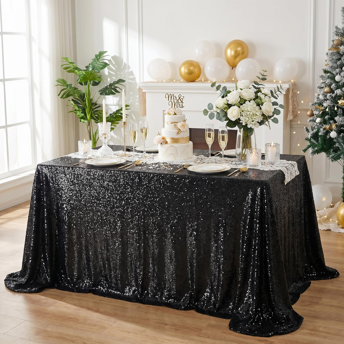 SoarDream Black Sequin Tablecloth 90x156 Inch Rectangle Wedding Tablecloth for Birthday Baby Shower Graduation Indoor Outdoor Halloween Party Table Decorations