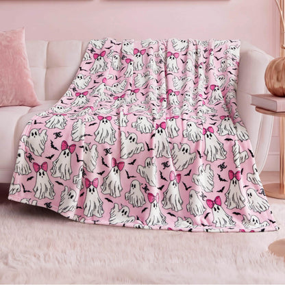 Juicy Couture Girly Ghosts Halloween Plush Throw Blanket, Soft Polyester Decorative Throw for Sofa or Bed, Light Pink, 50"x60"