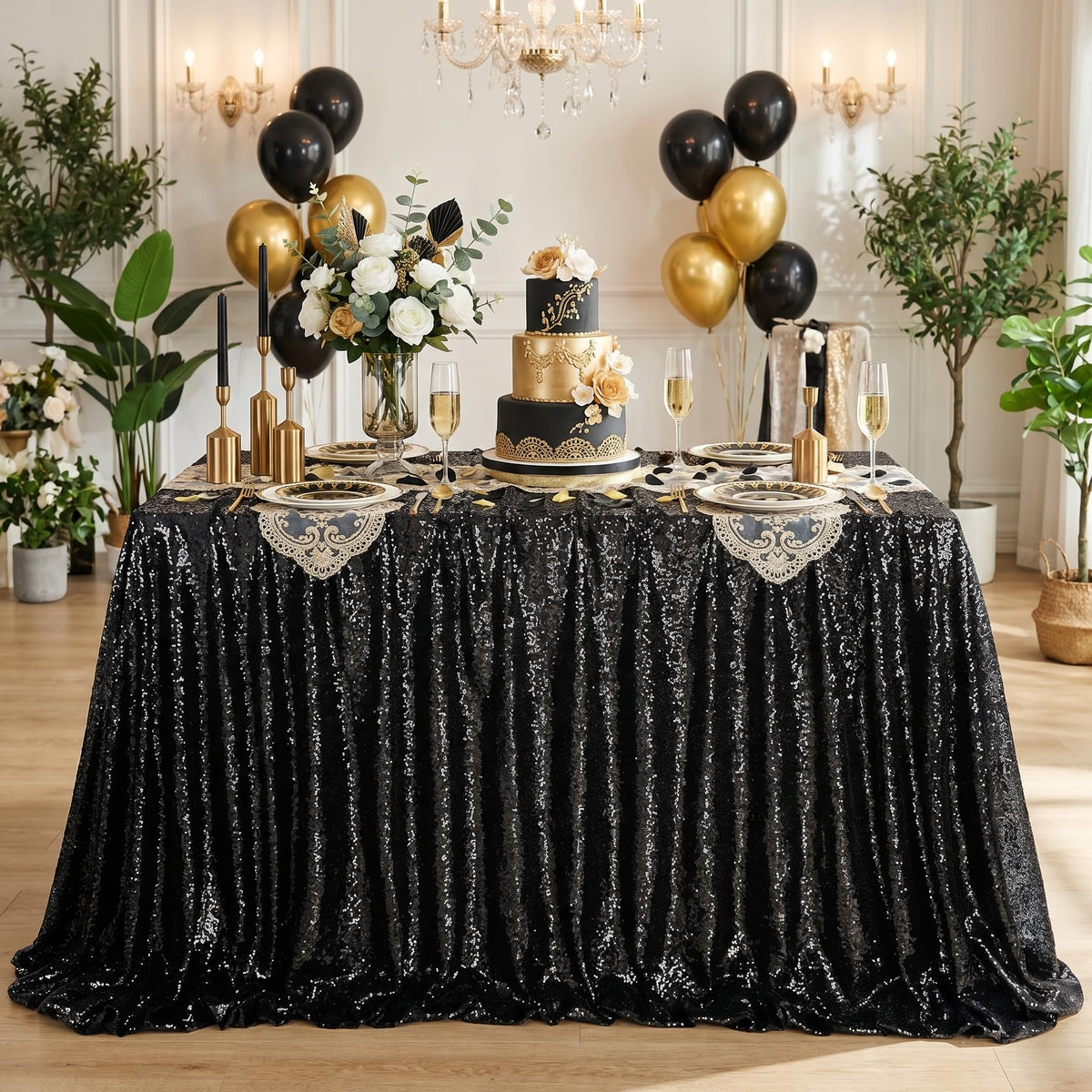 SoarDream Black Sequin Tablecloth 90x156 Inch Rectangle Wedding Tablecloth for Birthday Baby Shower Graduation Indoor Outdoor Halloween Party Table Decorations