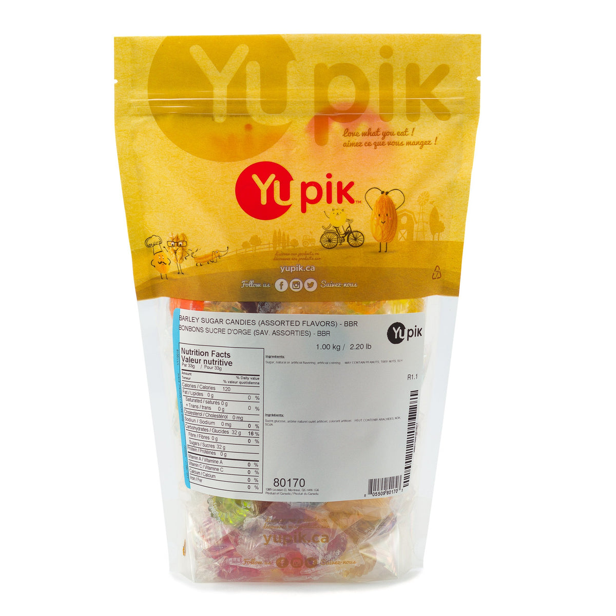 Yupik Assorted Barley Sugar Candies, 1 kg, Gluten-Free, Fat-Free, Individually Wrapped Hard Candies, Perfect for Snacking, Gifting & Halloween Treats