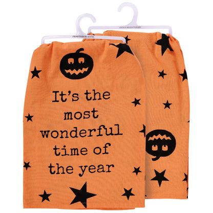 Primitives by Kathy Decorative Kitchen Towel, from Our Halloween Collection has an All-Over Design of Jack o'lanterns & Stars with a Fun Halloween Sentiment It's The Most Wonderful Time of The Year