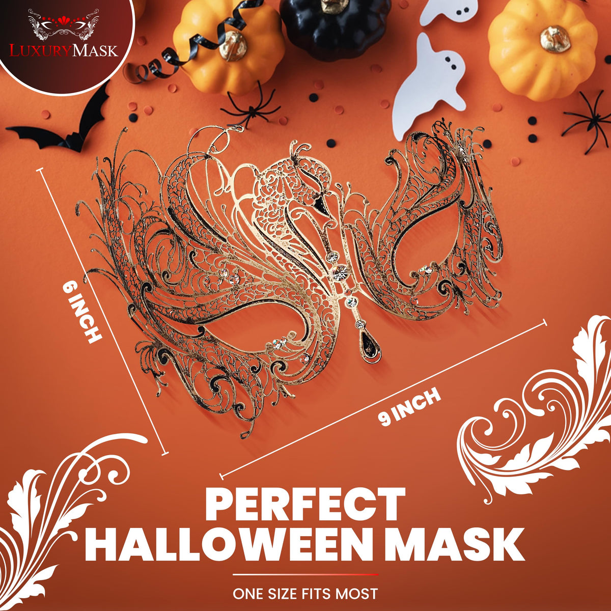 Metal Filigree Masquerade Mask for Women - Swan Style Mask with Rhinestones for Mardi Gras, Prom, Halloween & Venetian Party