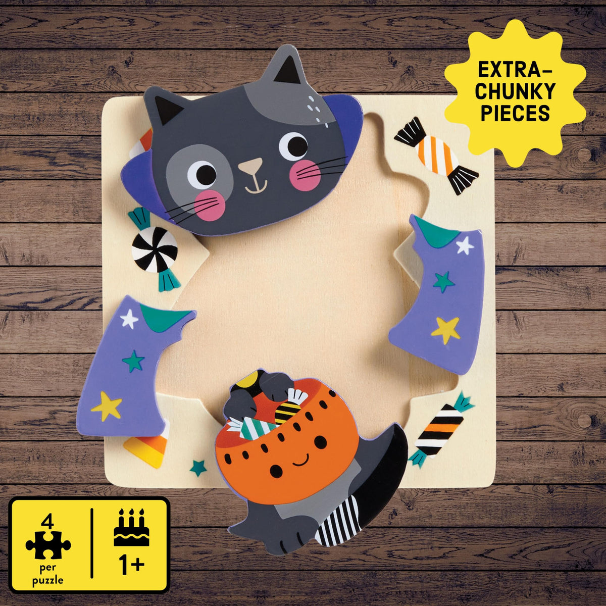 Mudpuppy Halloween – Set of 4 Wooden 4 Piece Puzzles Featuring A Colorful Halloween Scene with Adorable Characters