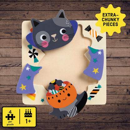 Mudpuppy Halloween – Set of 4 Wooden 4 Piece Puzzles Featuring A Colorful Halloween Scene with Adorable Characters
