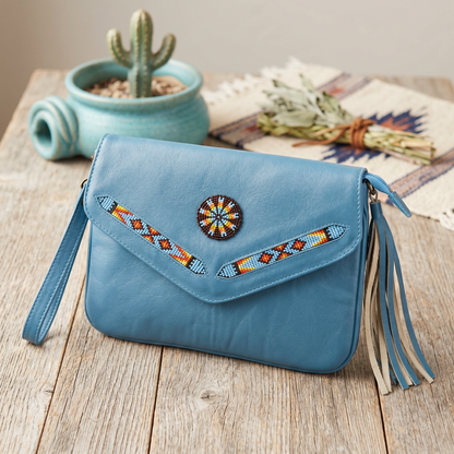 Leather beaded Crossbody bag(Turquoise )