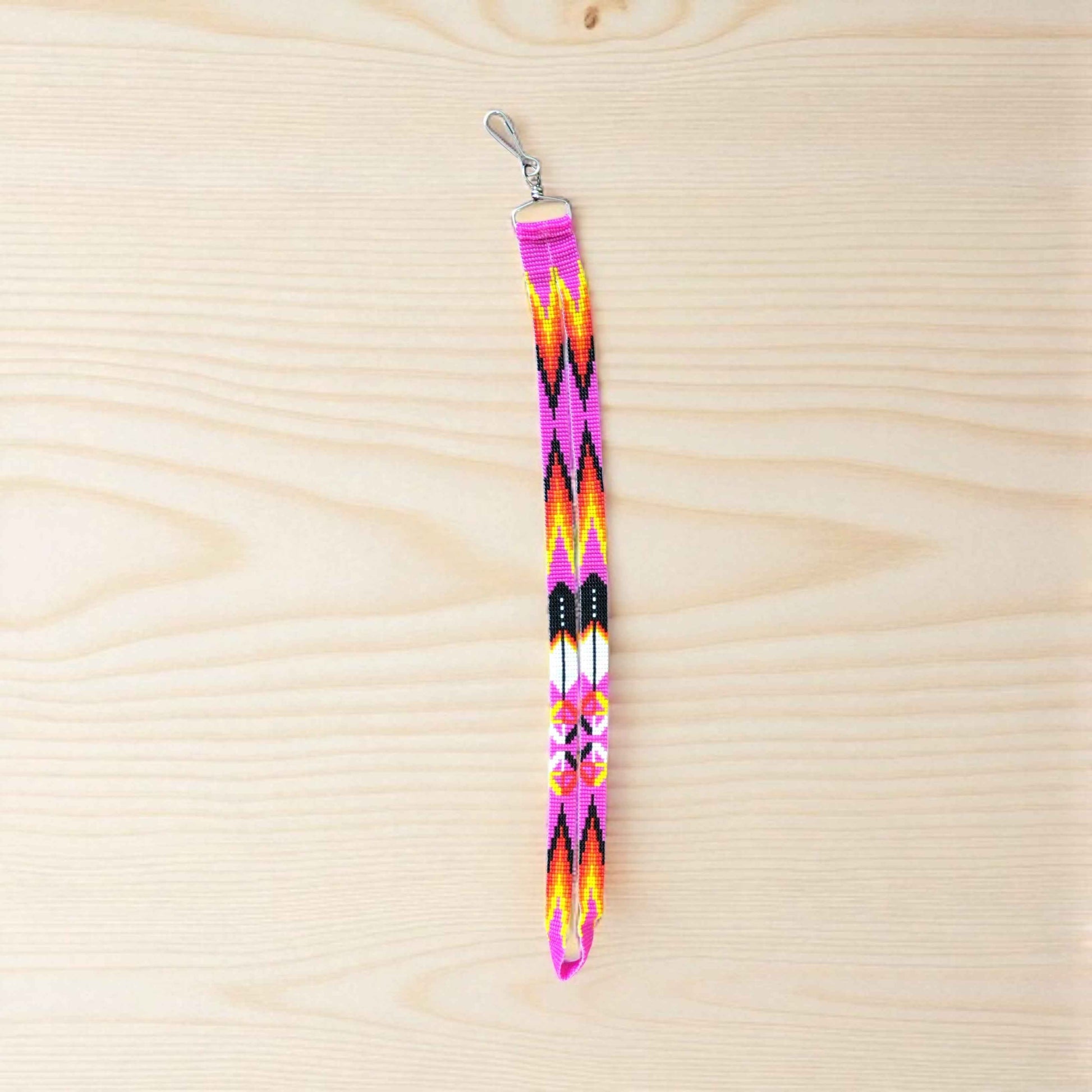 Pink feathers Native Beaded Lanyard