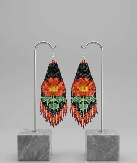 Flower Beaded Earrings ( Orange )