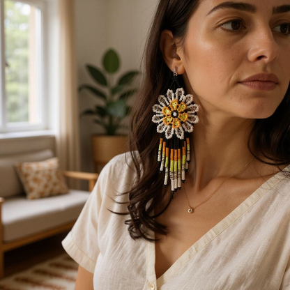 Yellow white Flower beaded Earrings