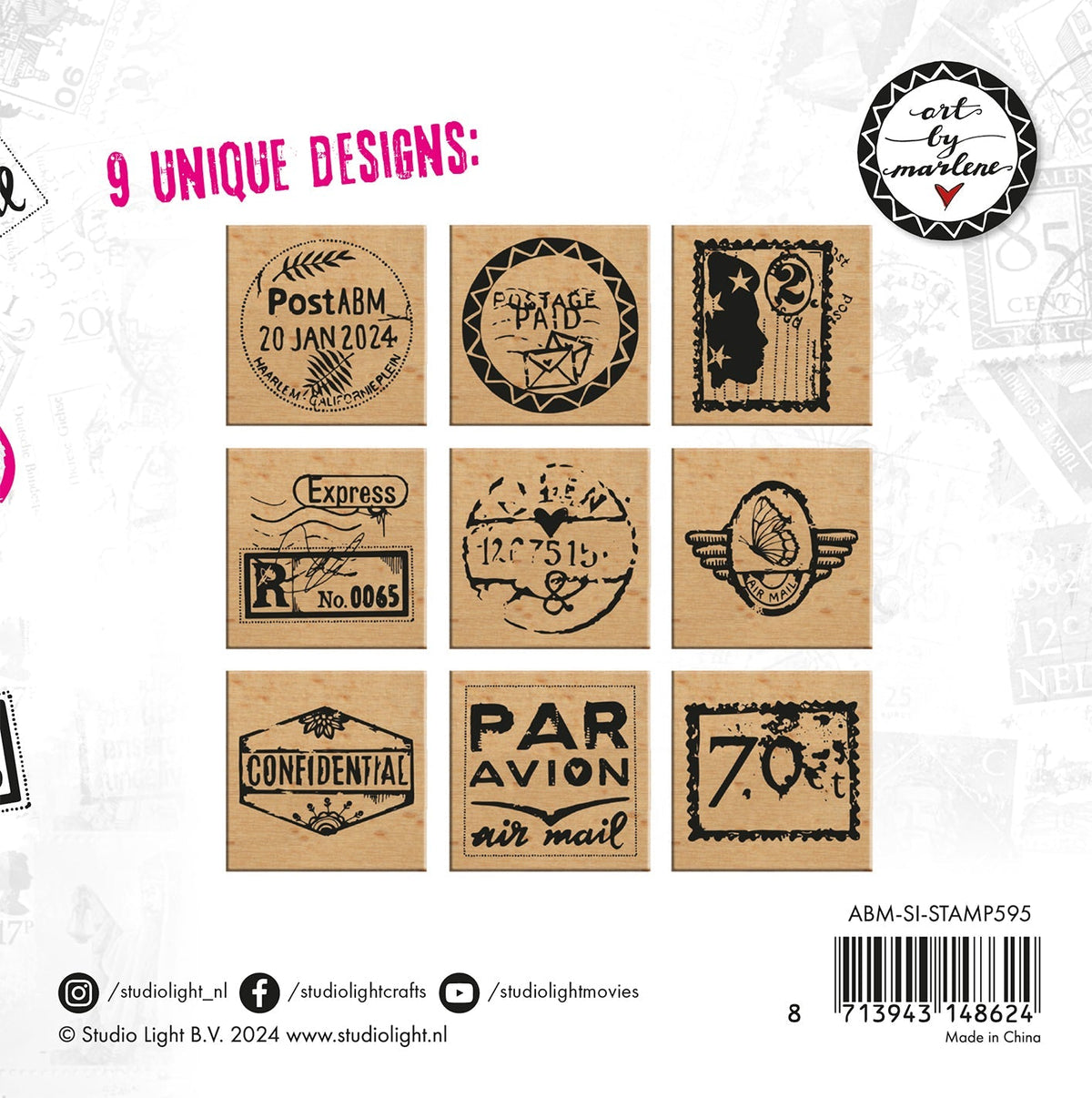ABM Wooden Stamp Set Rubber Stamps Signature Collection 120x120x23mm 9 PC nr.595