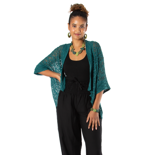 Popcorn Knit Short Sleeve Cardigan -  Jade Green
