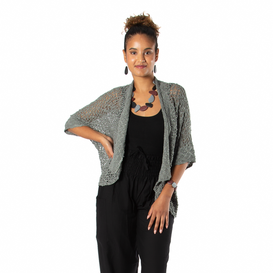Popcorn Knit Short Sleeve Cardigan -  Grey