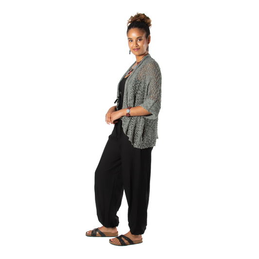 Popcorn Knit Short Sleeve Cardigan -  Grey