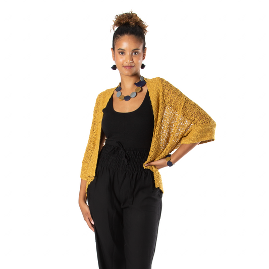 Popcorn Knit Short Sleeve Cardigan -  Mustard