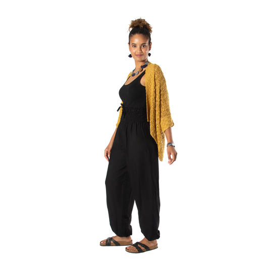Popcorn Knit Short Sleeve Cardigan -  Mustard