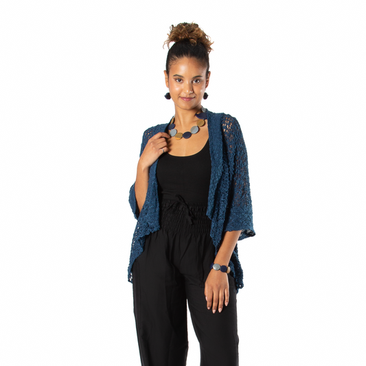 Popcorn Knit Short Sleeve Cardigan -  Navy Blue