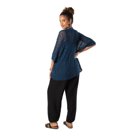 Popcorn Knit Short Sleeve Cardigan -  Navy Blue