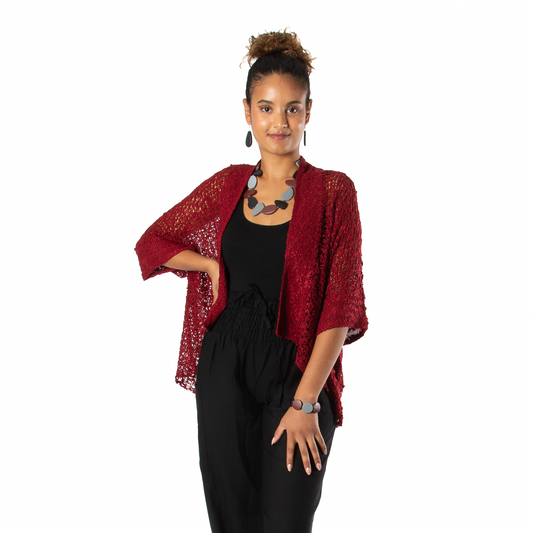 Popcorn Knit Short Sleeve Cardigan -  Claret Red