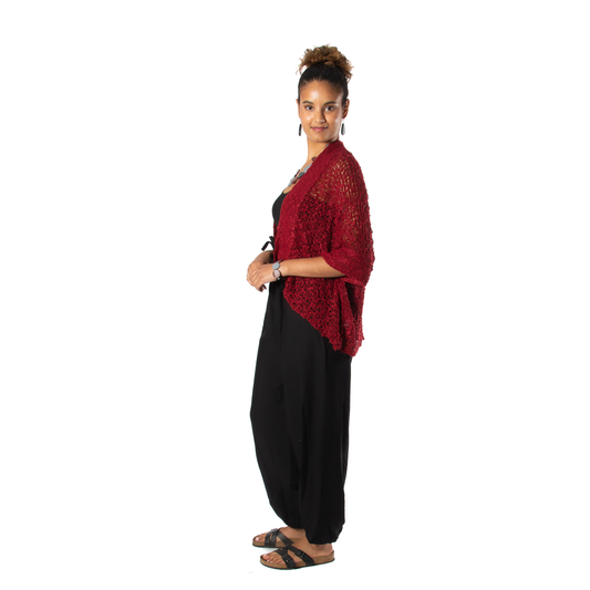 Popcorn Knit Short Sleeve Cardigan -  Claret Red