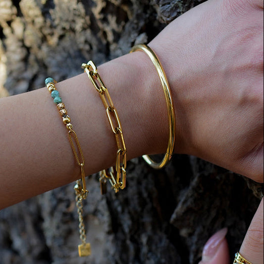 AIJAMI: Link-Chain, Gold Beads & African Turquoise Natural Stones Bracelet