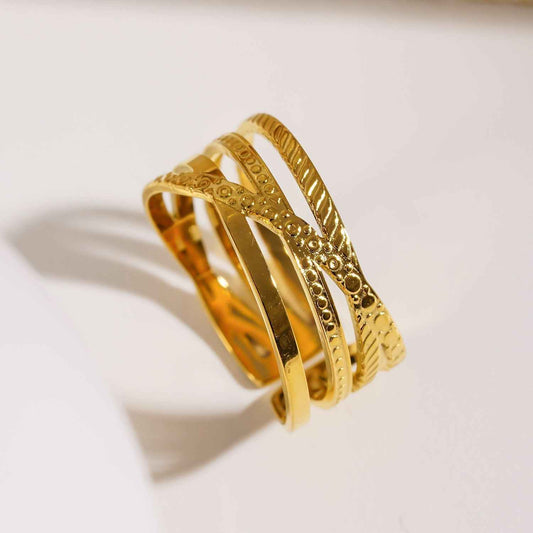 ALOIS: Cross Over Multi Stacked Textured Gold Ring