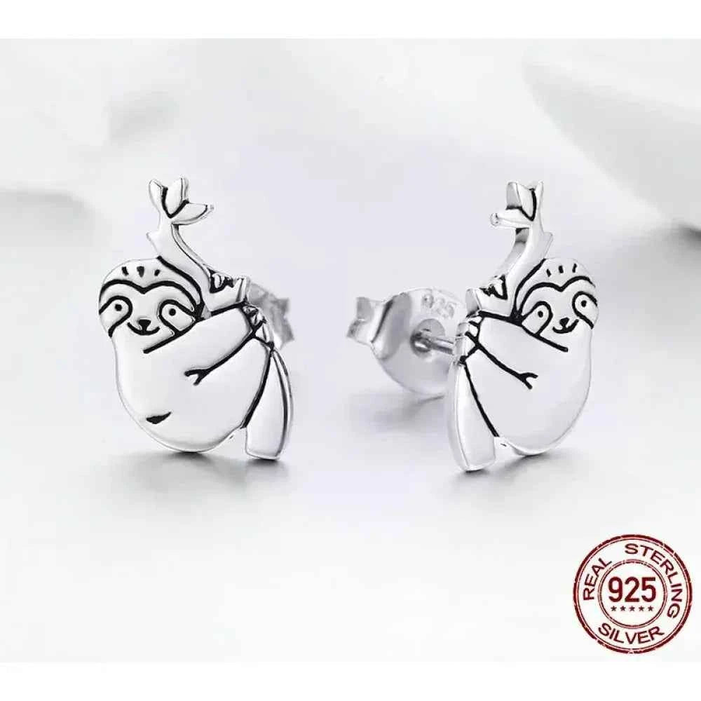 Adorable Sloth Stud Earrings In Sterling Silver - Cute Animal Jewelry
