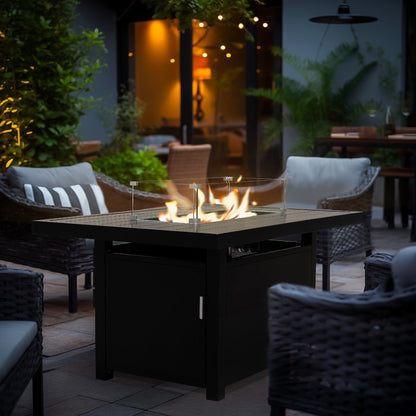 Outdoor Black Aluminium Rechteck Feuerstelle Tisch mit Windschutz und Abdeckung