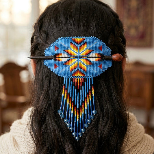 Feathers Fringed Beaded Barrette & Wooden Stick