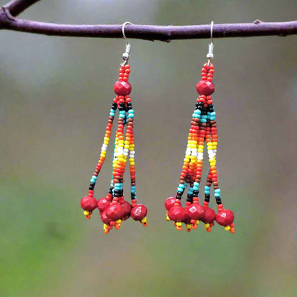 Red Six-Strand Beaded Cascade Earrings