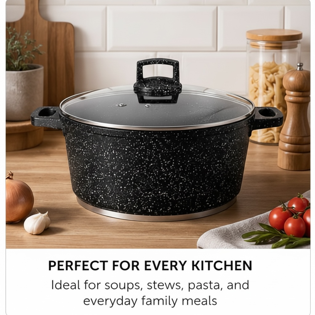 Die-Cast Granite Non-Stick Casserole Pot with Glass Lid — 26cm | 5.4L