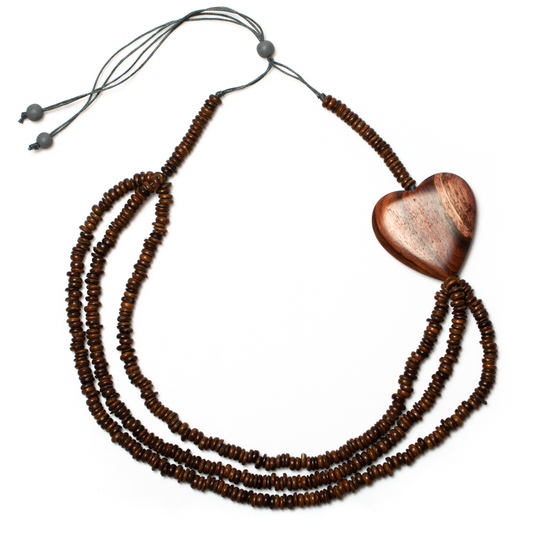 Triple Strand Coconut Bead & Wooden Heart Necklace
