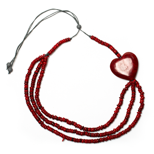 Triple Strand Coconut Bead & Wooden Heart Necklace