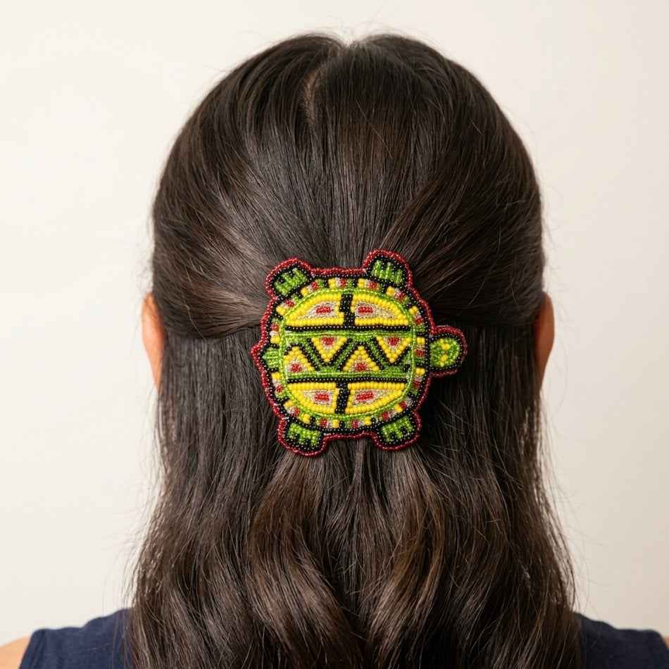 Beaded turtle Barrette Green accent