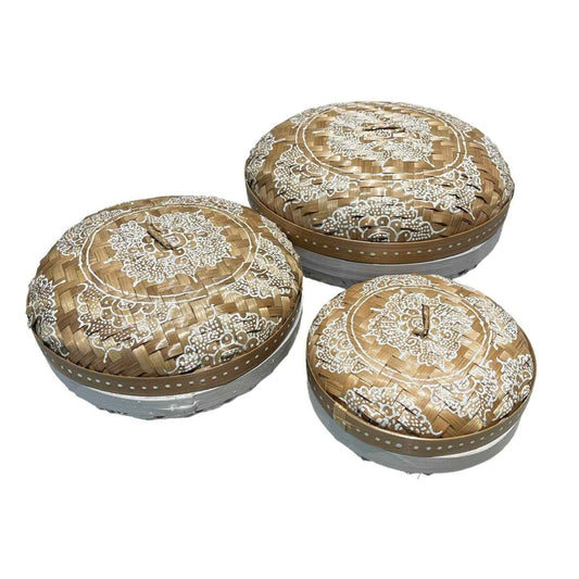 White Round Henna Rattan Box