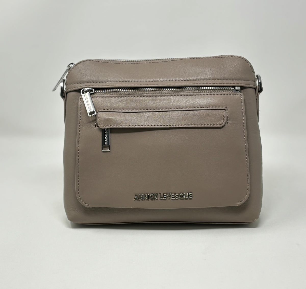 Petit Sac à Bandoulière en Cuir Taupe, Brigitte